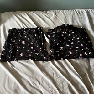 Victoria's Secret Black Pajama Set with Pink Floral Design